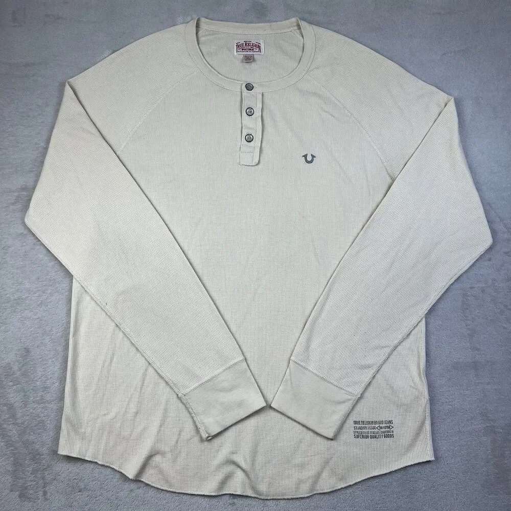 True Religion Waffle Knit Henley MVXA232FF0 Men's 3XL Off-White Long Sleeve